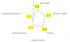 Exemple de graphique Radar d'exposition aux risques RGPD d'un ensemble de sites Internet d'un groupe de presse français